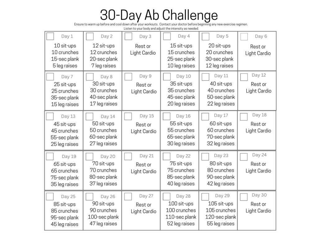 30-day ab challenge printable calendar in black and white