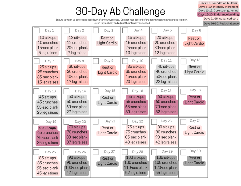30-day ab challenge printable calendar in color
