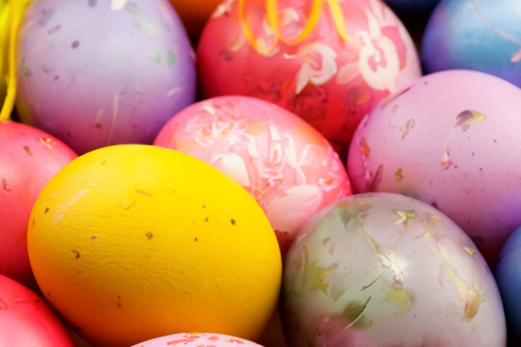 Close up of pastel colored Easter eggs